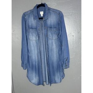 Chicos 1 Oversized Womens Chambray 100% Lyocell Button Down Shirt Closet Staple